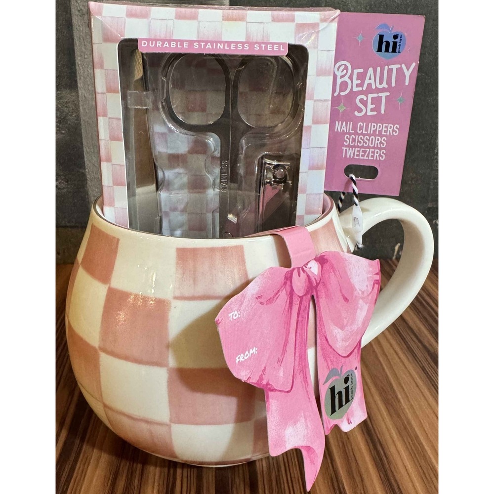 Hi Peach Layne Pink Check Mug Beauty Gift Set Nail Tools NWT